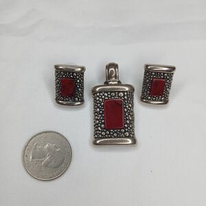 Vintage Mexico Handmade 925 Sterling Silver Red Stone Pendant And Earrings 28g